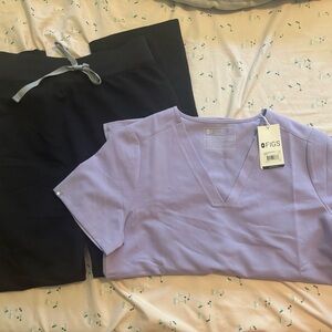 Figs Light Purple Scrub Top and Black Pants Set